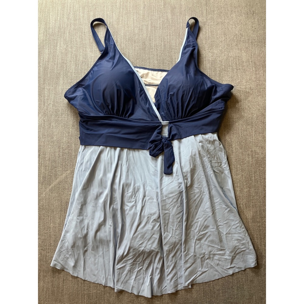 Bloomchic Women Plus Size30 Navy Light Blue V-Neck Tie Front Swim Dress Swimsuit
